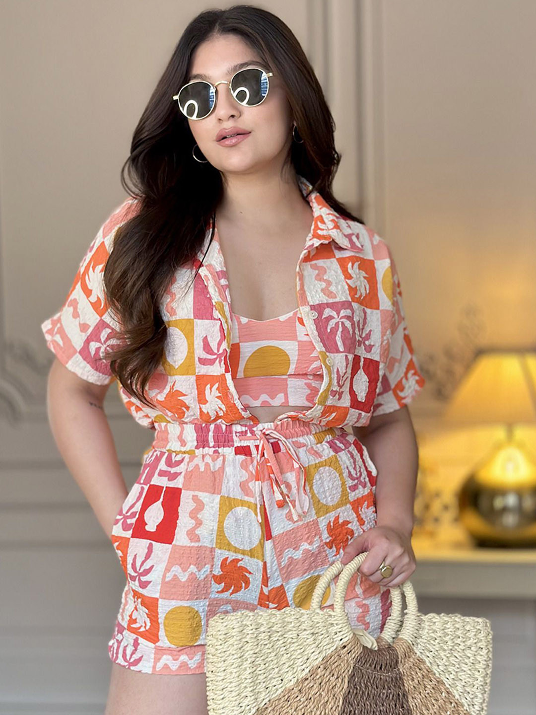 House of Sal Liza Printed Shirt Collar Shirt With Shorts & Inner Cropped Top Co-Ords