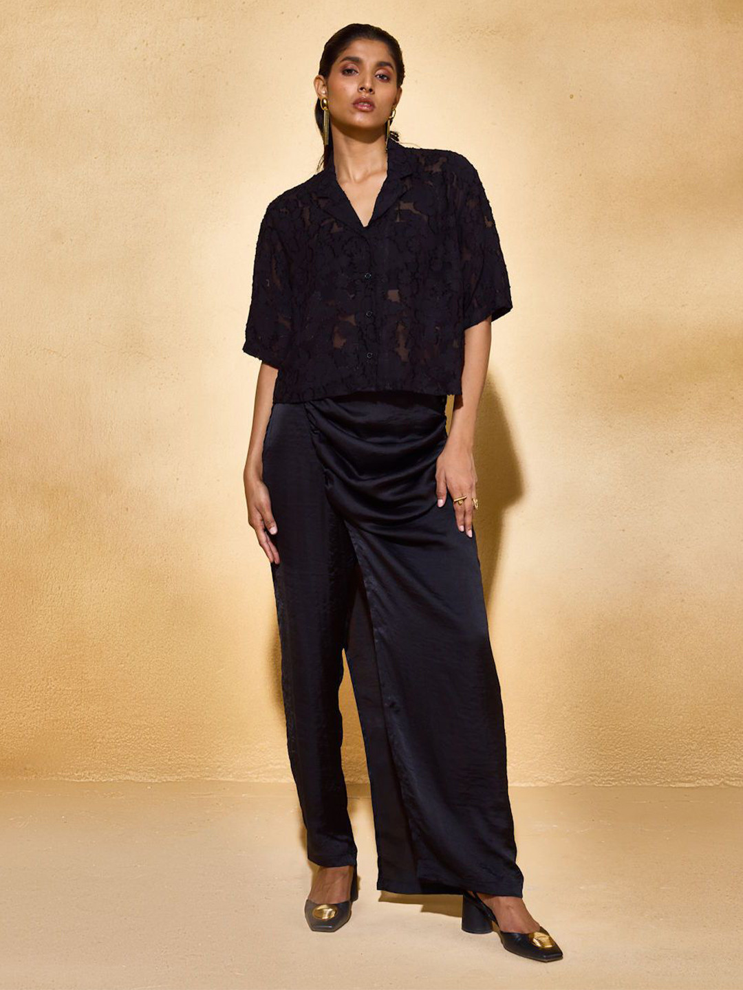 ECHO STUDIO Floral Self Design Notched Lapel Collar Casual Shirt