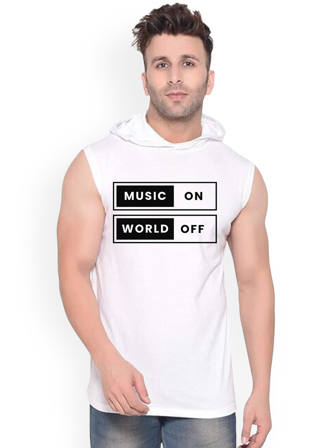 Fashnobic Men Music ON printed Gym Vest White