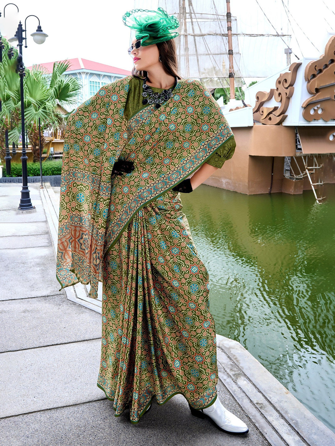 Kaizen TEXO FAB Ajrak Block Silk Blend Block Print Saree