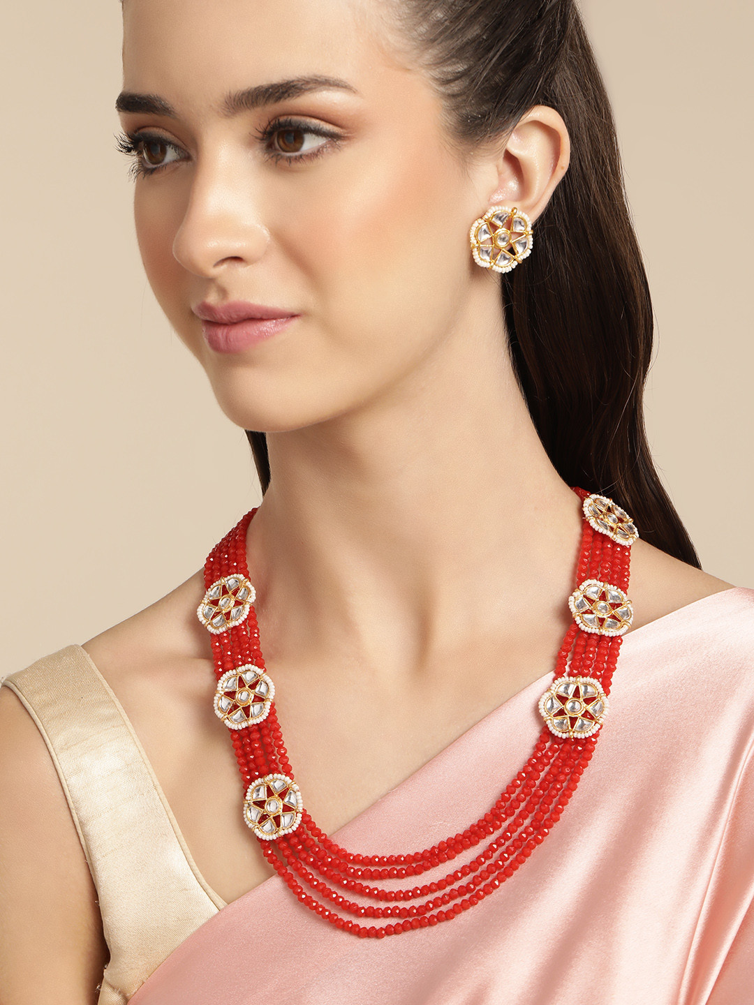 Anouk Red Layered Beads Kundan Pearl Necklace Earring Set