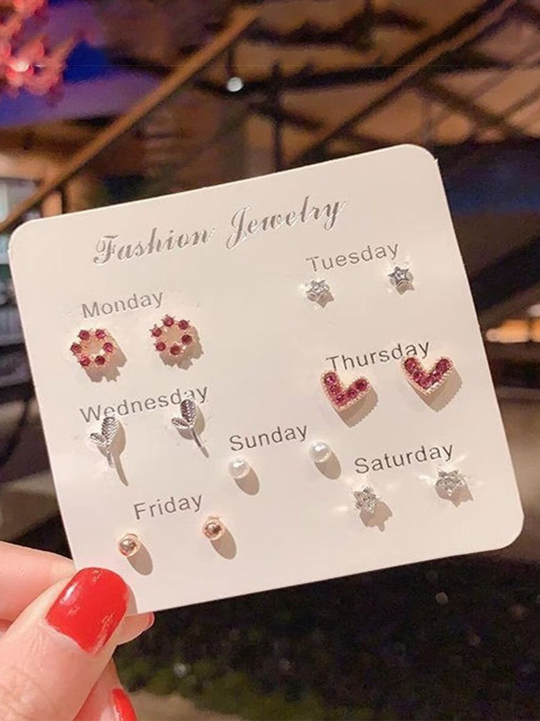 DressBerry Set Of 7 Silver-Plated Cubic Zirconia Studded Contemporary Studs