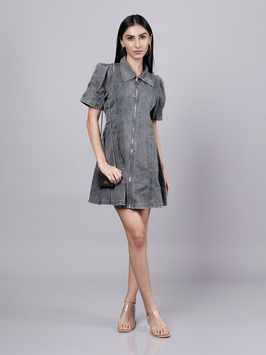 French Theory Shirt Coller Bell Sleeves  A-Line Midi Dress