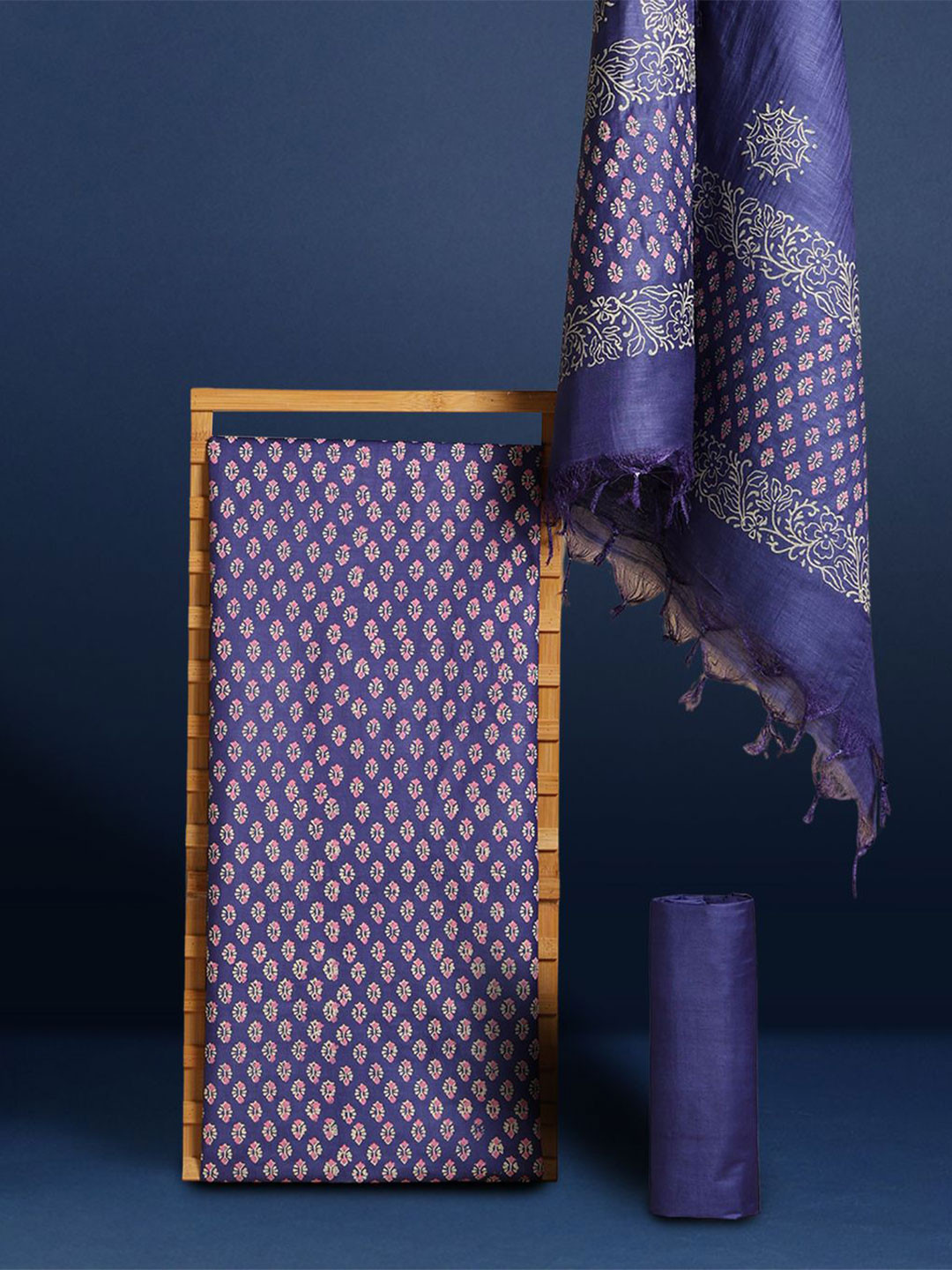 Taavi Floral Hand Block Printed Pure Silk Unstitched Dress Material