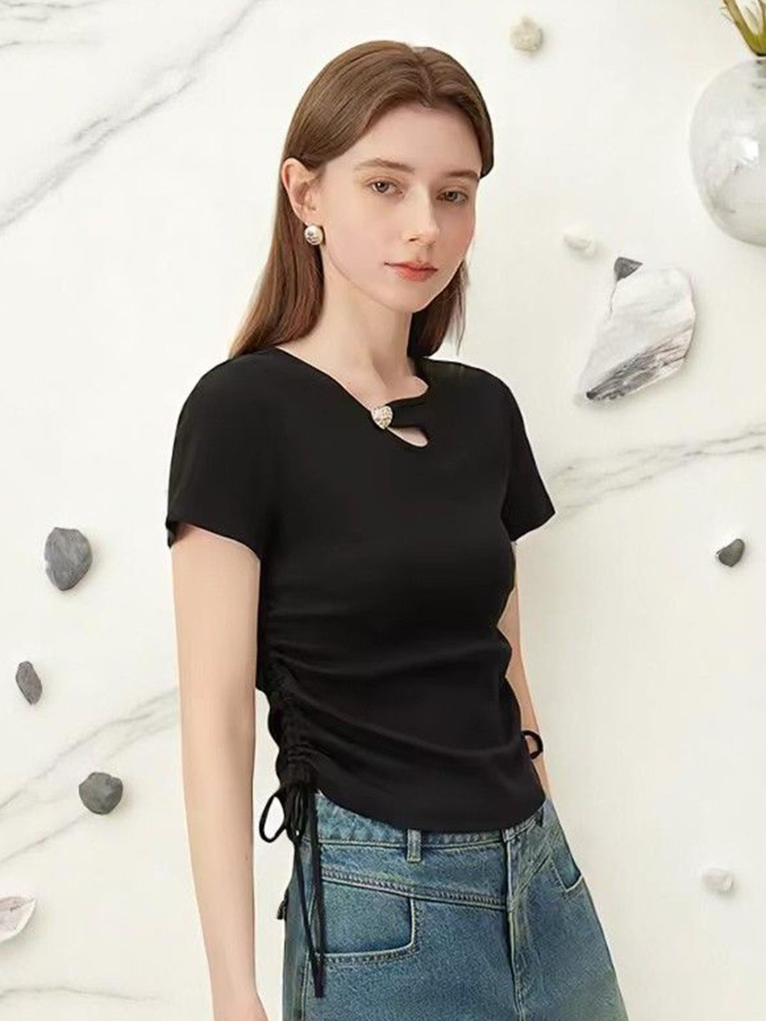 IUGA Women Ribbed Short Sleeve Ruched Regular Top with Cut Out Detail