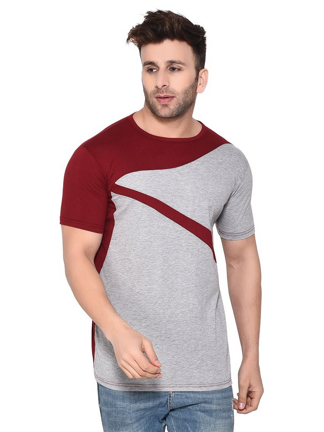 Blisstone Colour Blocked Round Neck Applique Slim Fit Cotton Casual T-shirt