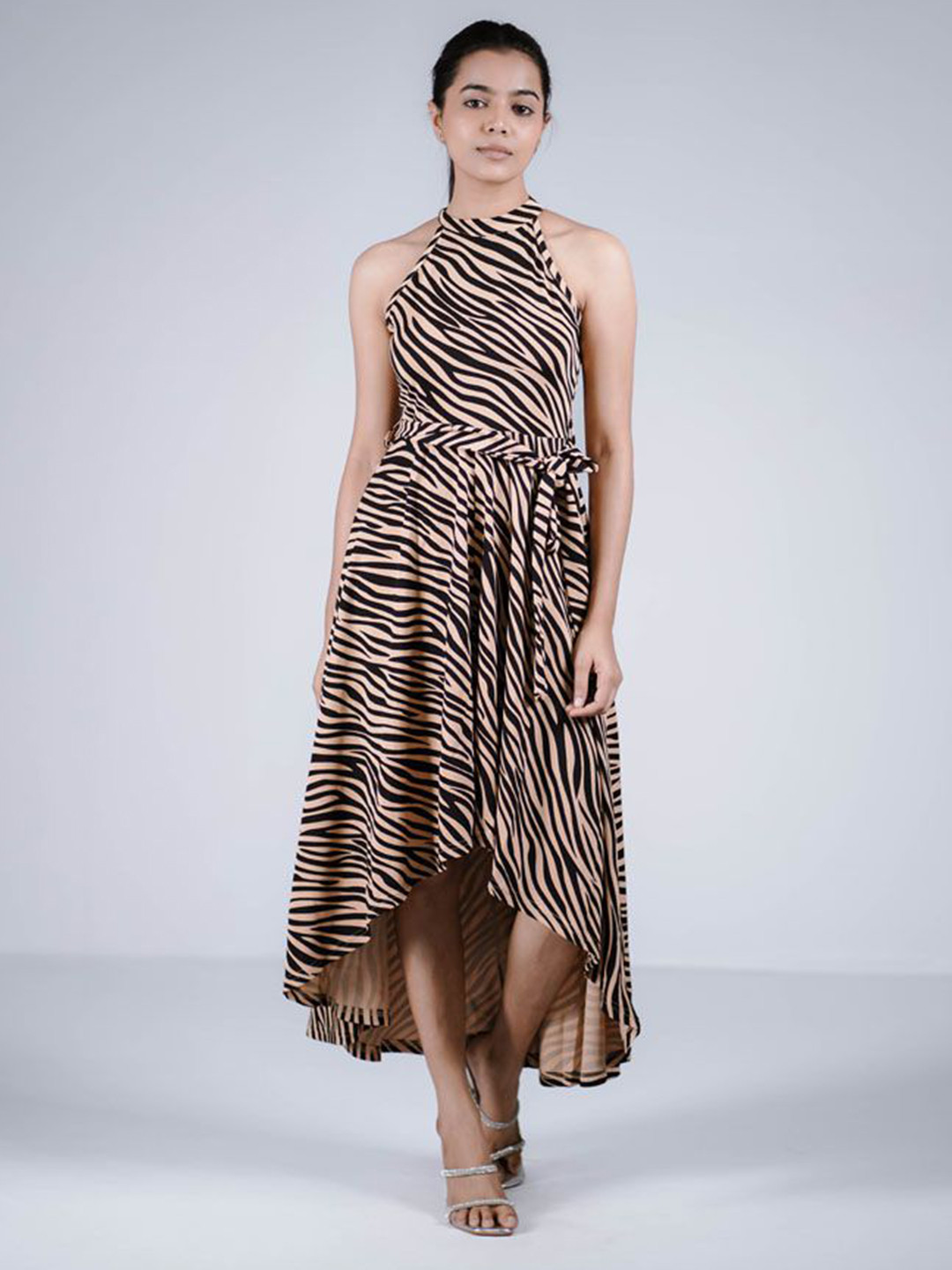 Eilaa Women Animal Printed Belted Halter Neck Cotton Maxi Dress