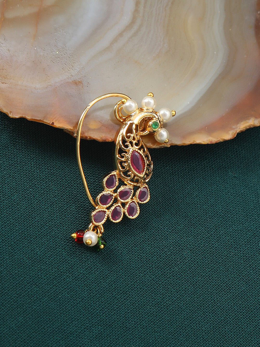 House of Pataudi Gold-Plated Kundan & Pearls Peacock Design Minimal Ring Nosepin