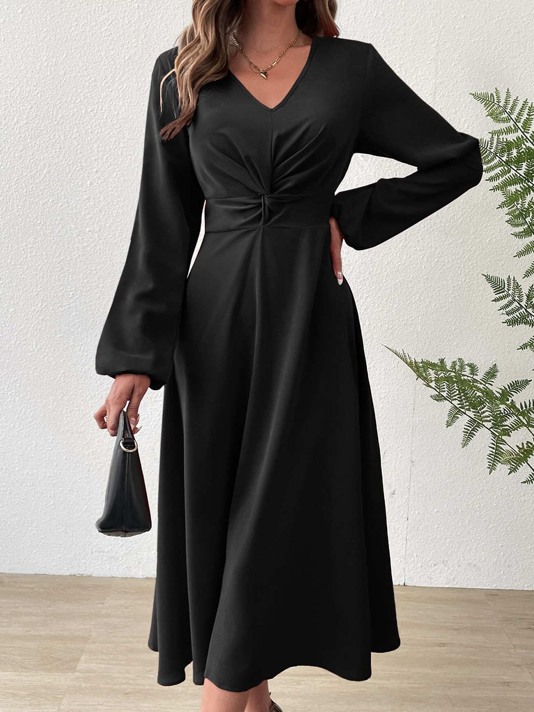 bebe Black V-Neck Knot Front Puff Sleeve A-Line Midi Dress