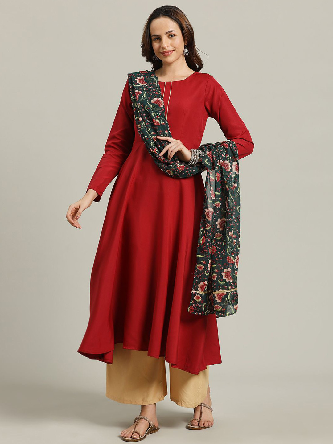 Anouk Rustic Round Neck Long Sleeves Anarkali Kurta With Georgette Dupatta