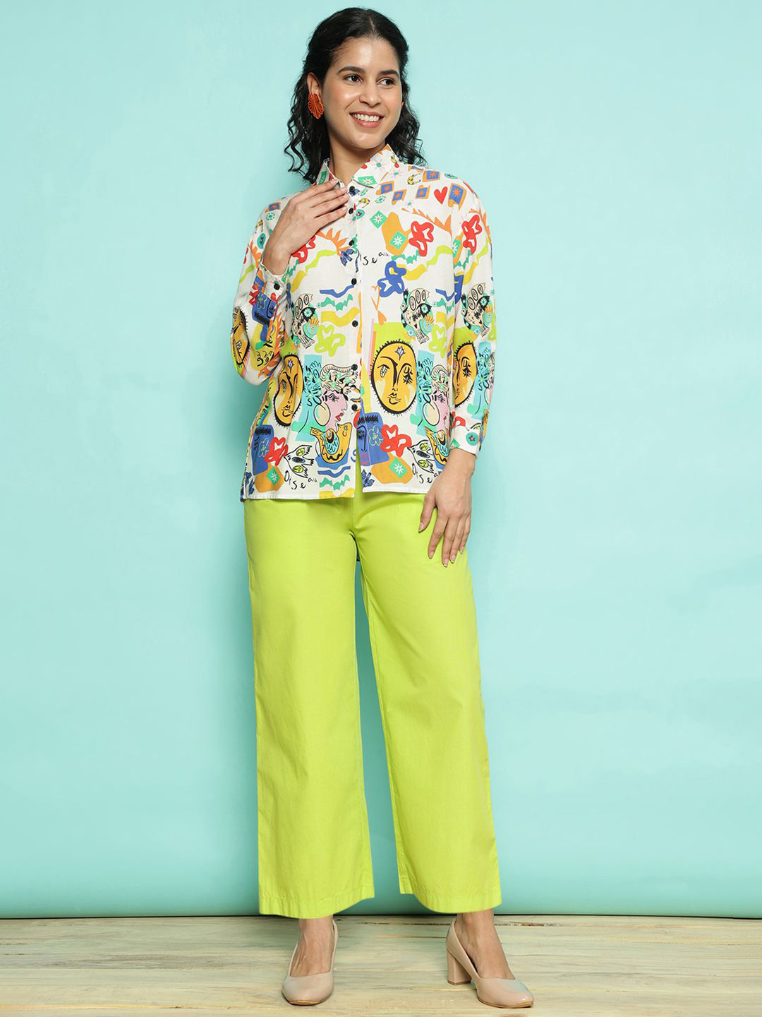 AC&F Printed Shirt Collar Shirt & Palazzo Co-Ords