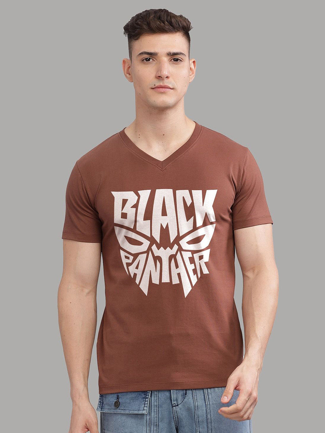 SOLACEACTIVE Black Panther Printed V-Neck Short Sleeves Regular Fit T-Shirt