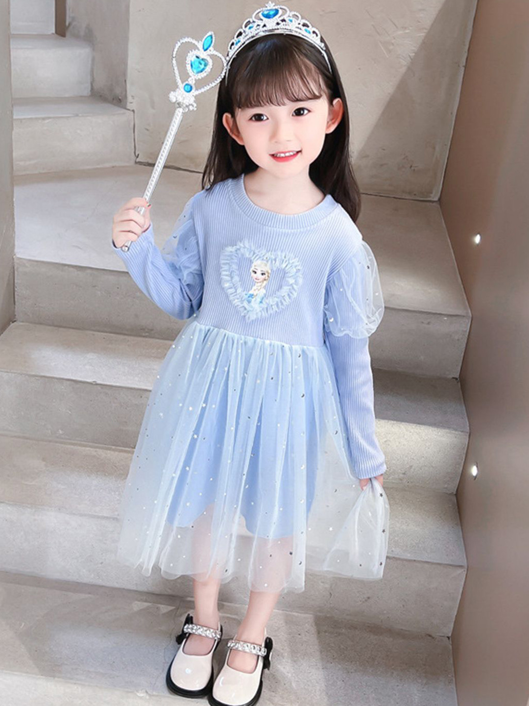 YK Girls Round Neck Dress Puff Sleeve Fit and Flare Dress