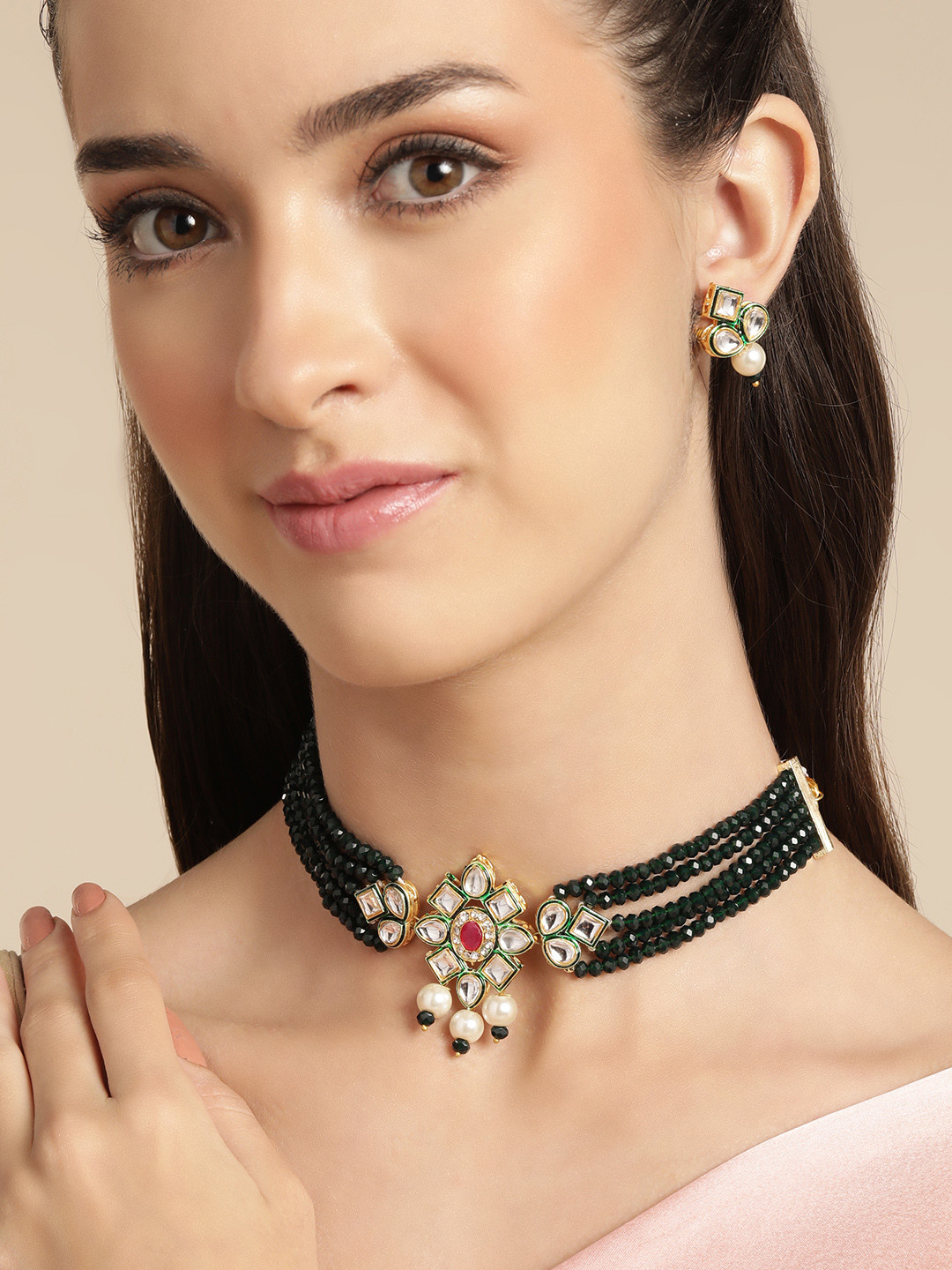 Anouk Green Beaded Kundan Pendent Necklace Earring Set