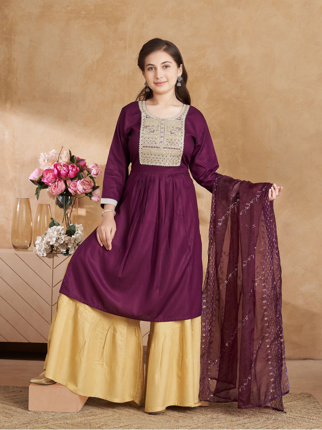 Aarika Girl Yoke Design Kurti & Palazzos With Dupatta