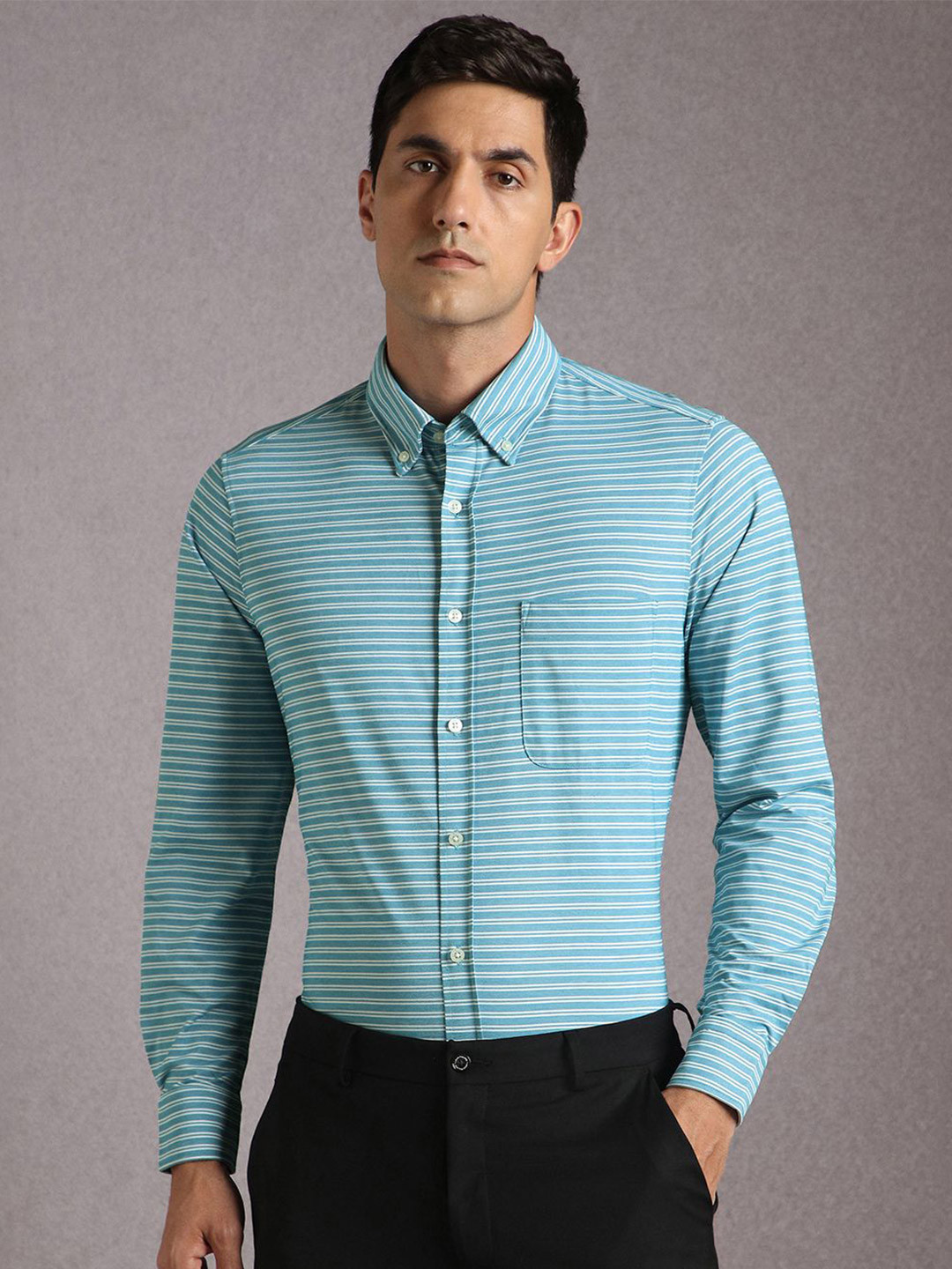 Louis Philippe Slim Fit Horizontal Striped Long Sleeves Formal Shirt