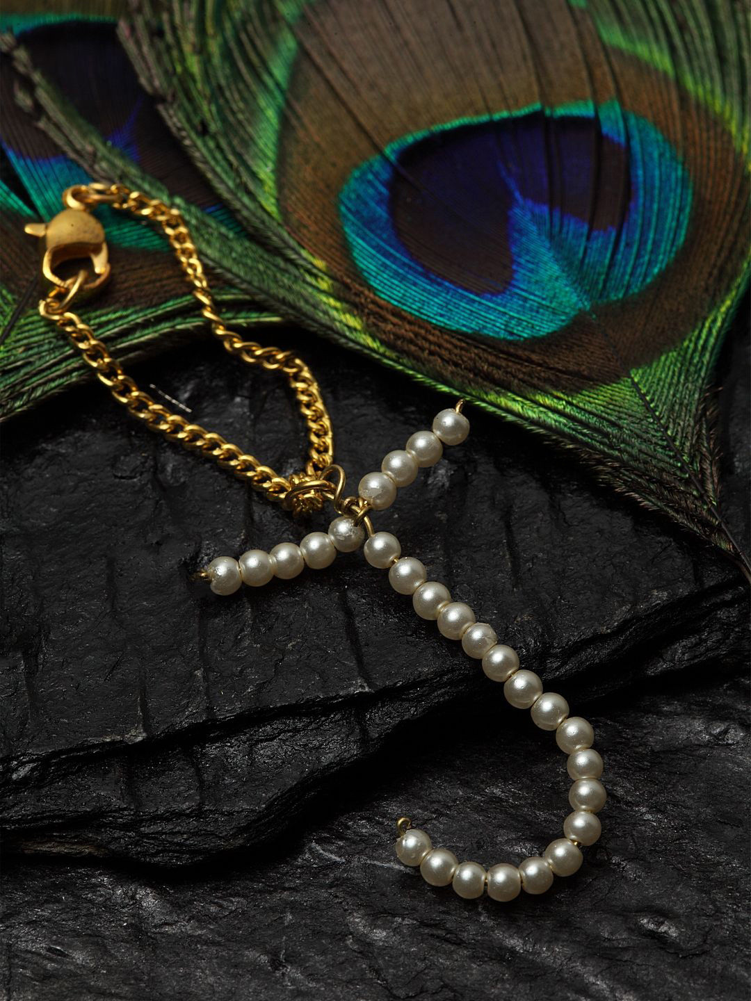 DUGRISTYLE  Gold-Plated Pearls Beaded J letter Charm Bracelet