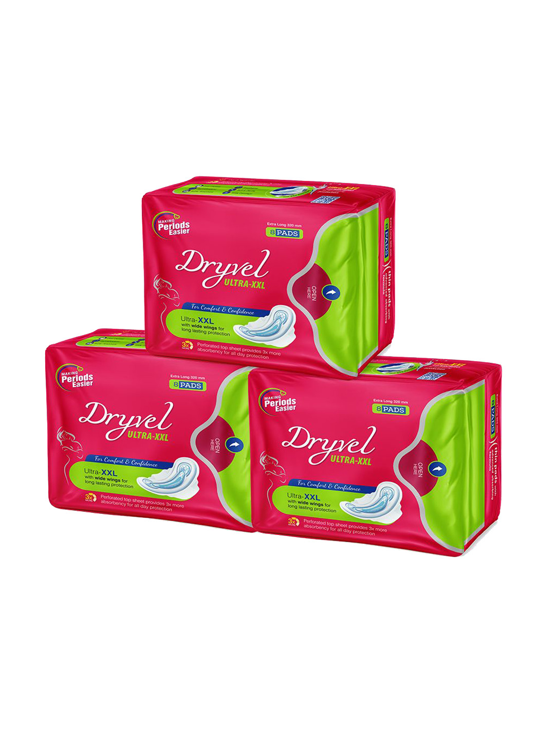 Dryvel Set Of 3 Ultra Long Protection Sanitary Pads With Wider Wings -XXL 8 Pcs Each