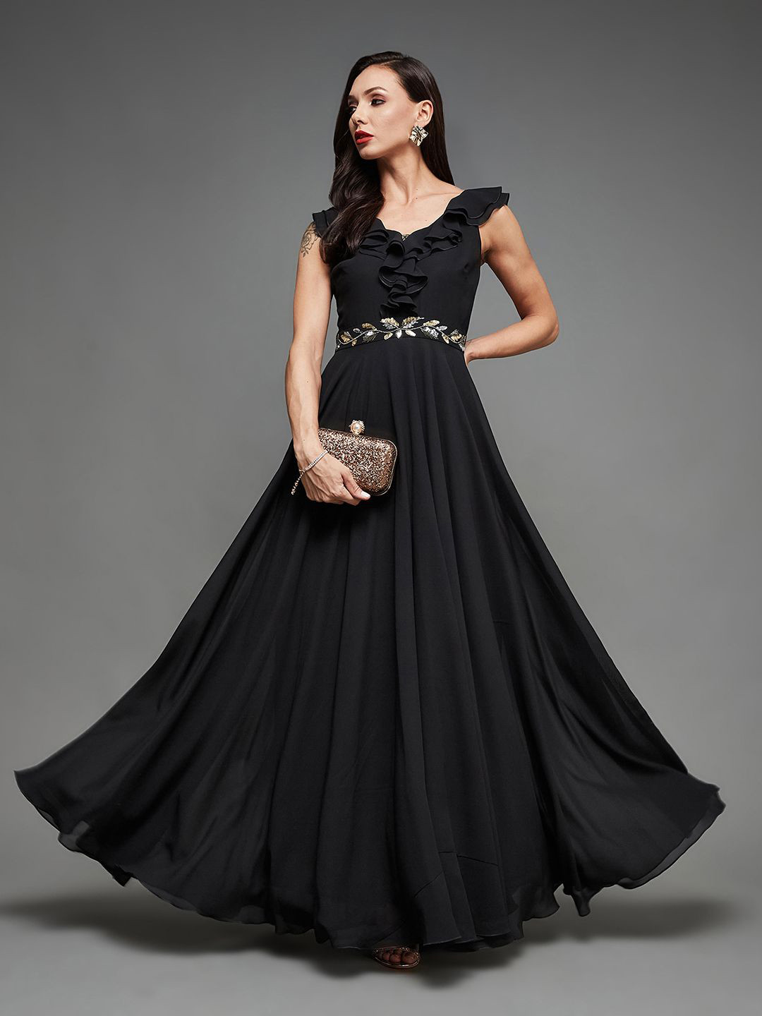 Miss Chase Women Solid Black Embellished & Ruffles Detail Maxi Dress