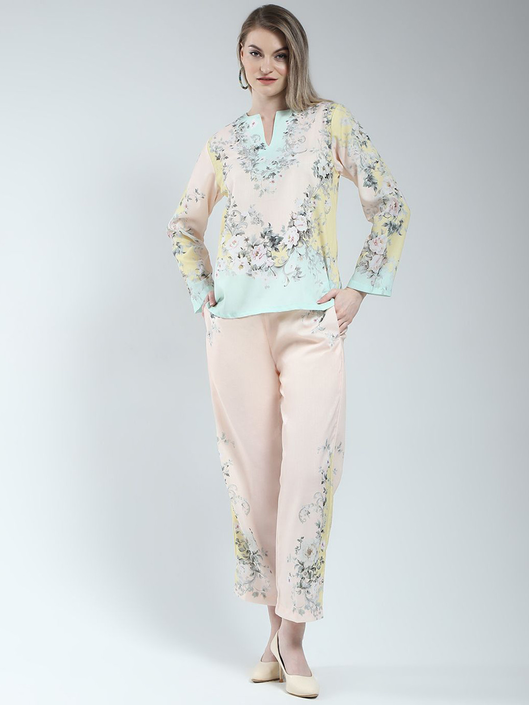 Monte Carlo Floral Printed Round Neck Top & Trousers Co-Ord Set