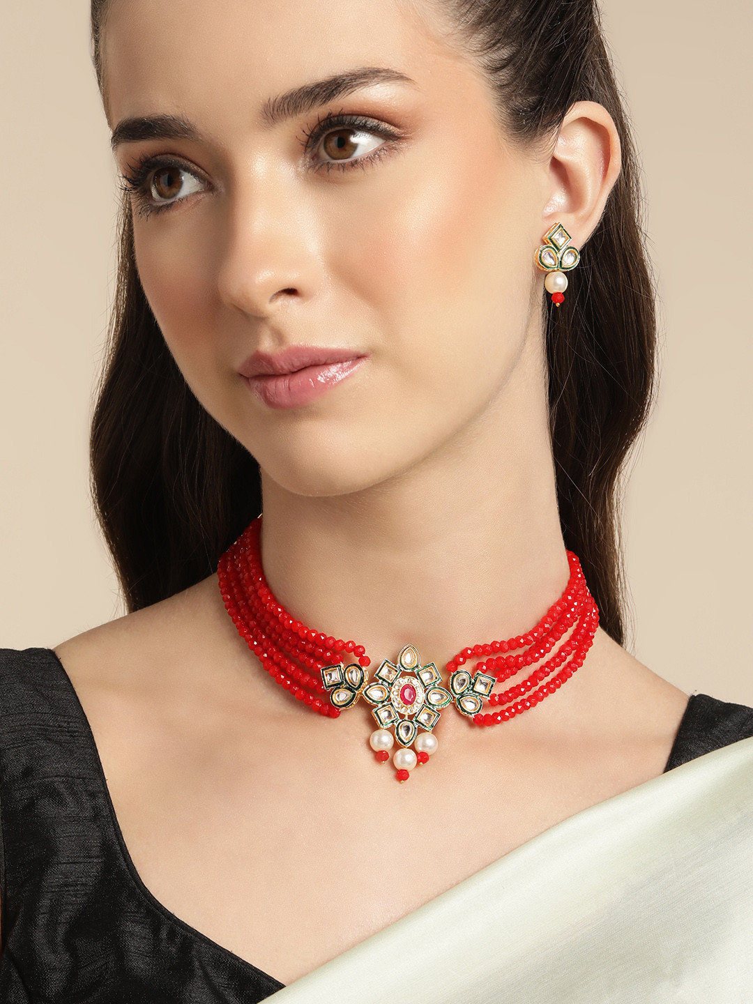 Anouk Red Beaded Kundan Pendent Necklace Earring Set