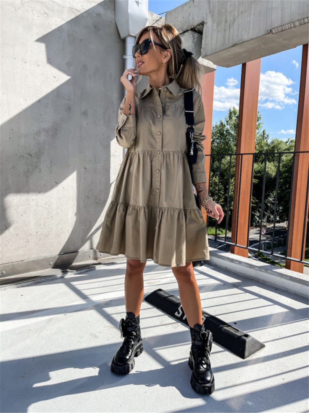 Oh Rare Women Tiered Cuff Sleeve Shirt Dress