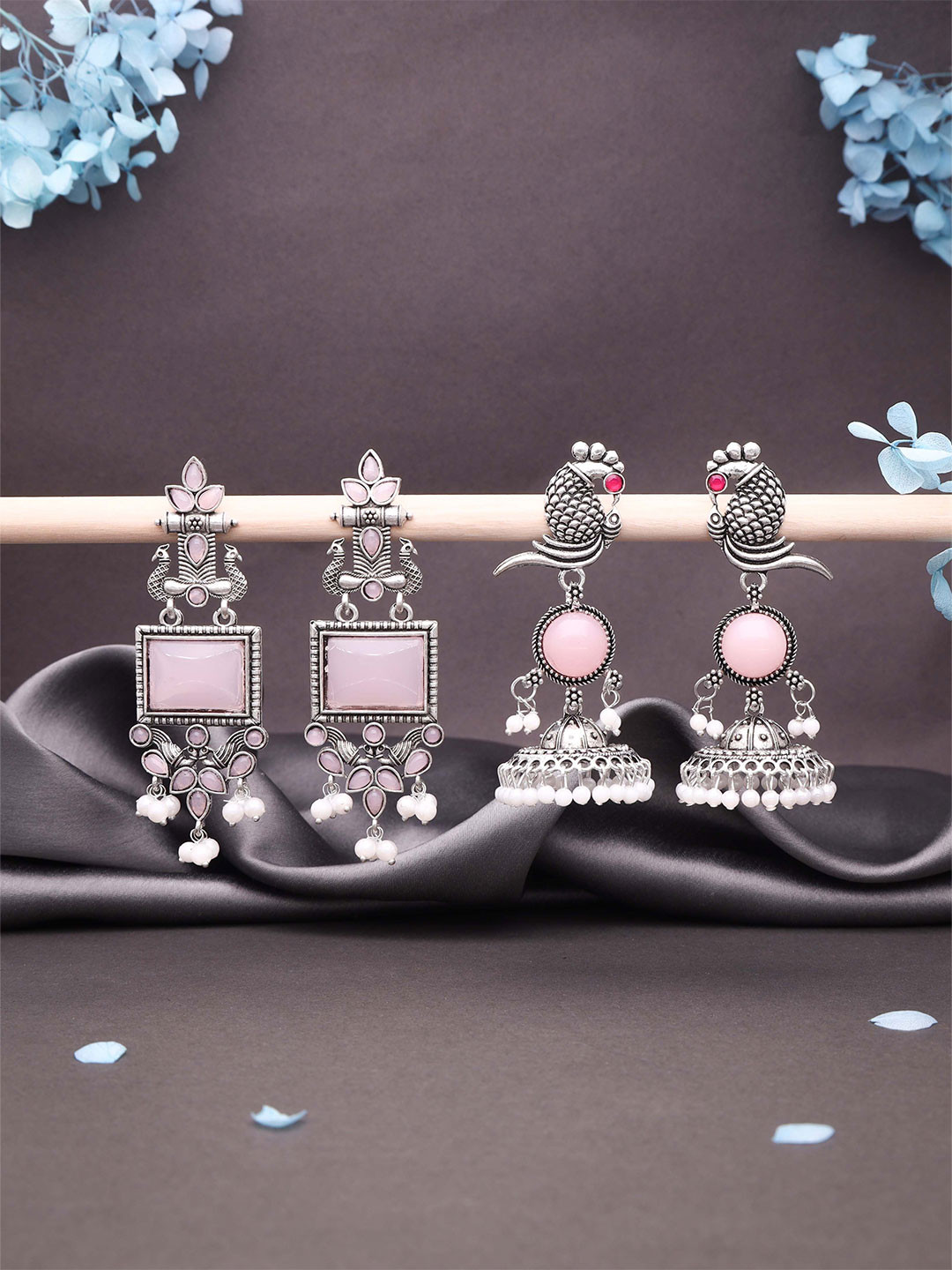 DIVASTRI Set Of 2 Silver-Plated Stones Studded & Beaded Oxidised Contemporary Drop Earring