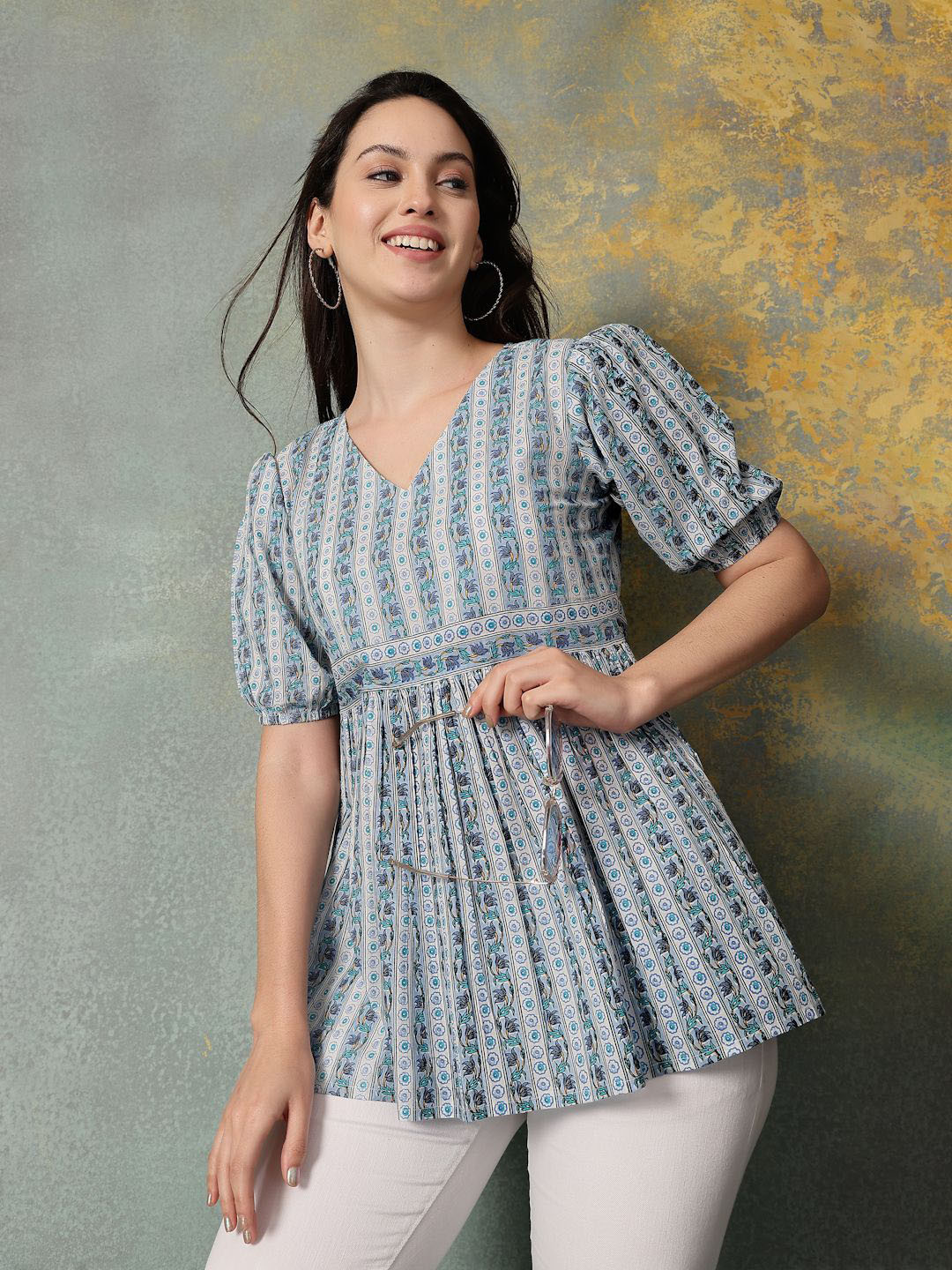 God Bless Women Floral Printed Puff Sleeve Cotton Peplum Top