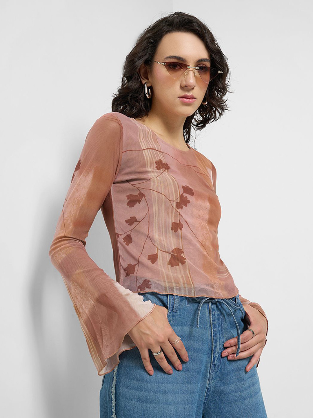 SF JEANS by Pantaloons Women Printed Round Neck Bell Sleeve Top