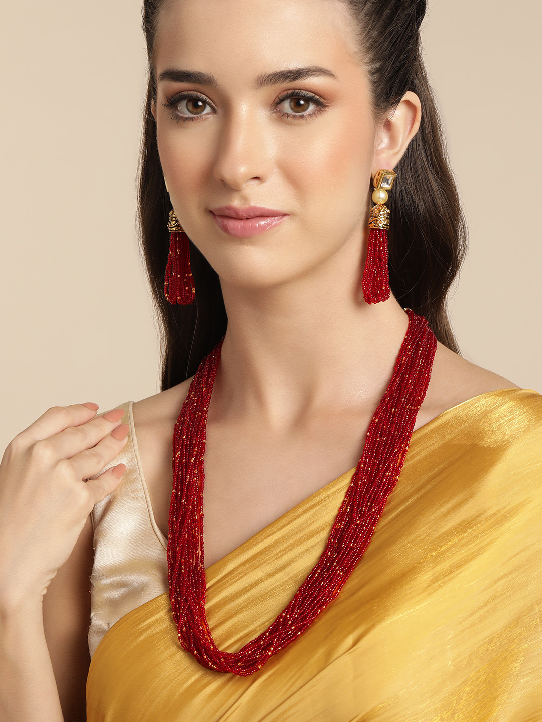 Anouk Maroon Layered Necklace Earring Set