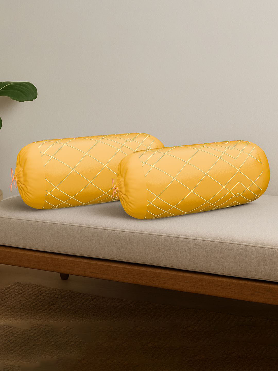 Kuber Industries Set Of 2 Yellow Textured Long Bolster Cover With Drawstring Closure
