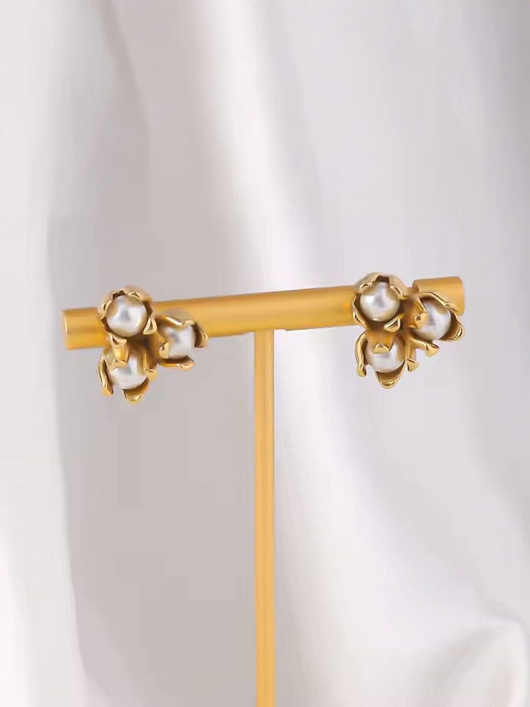 SHARLEEZ Stainless Steel Gold-Plated Pearls Beaded Floral Shaped Studs