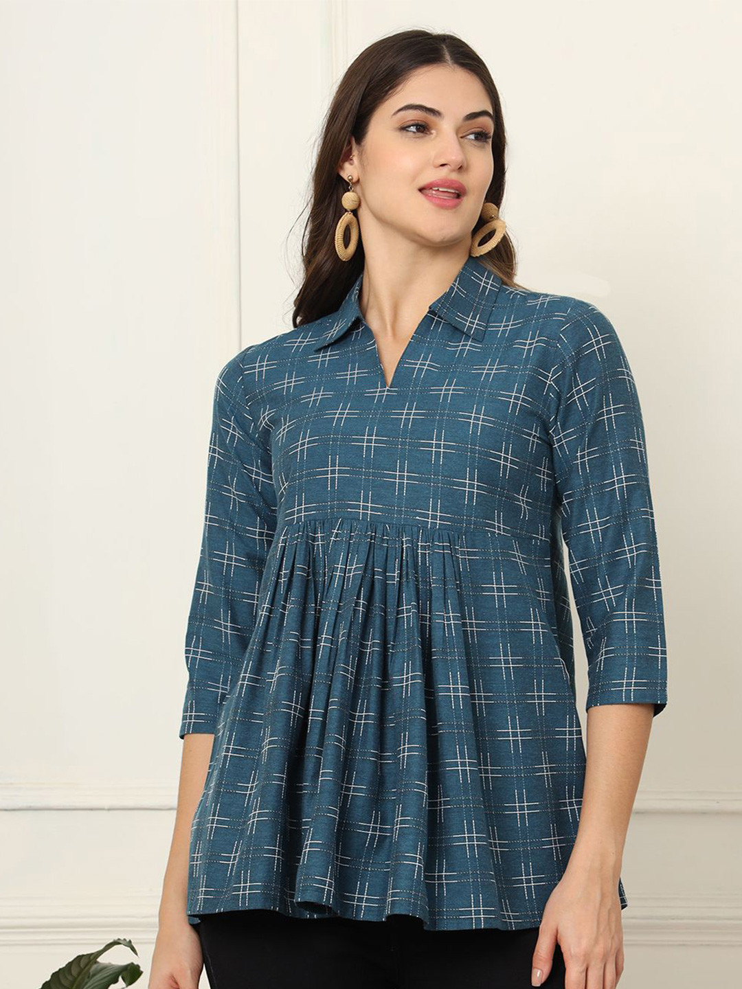 AMOUS Women Geometric Printed Shirt Collar Peplum Top