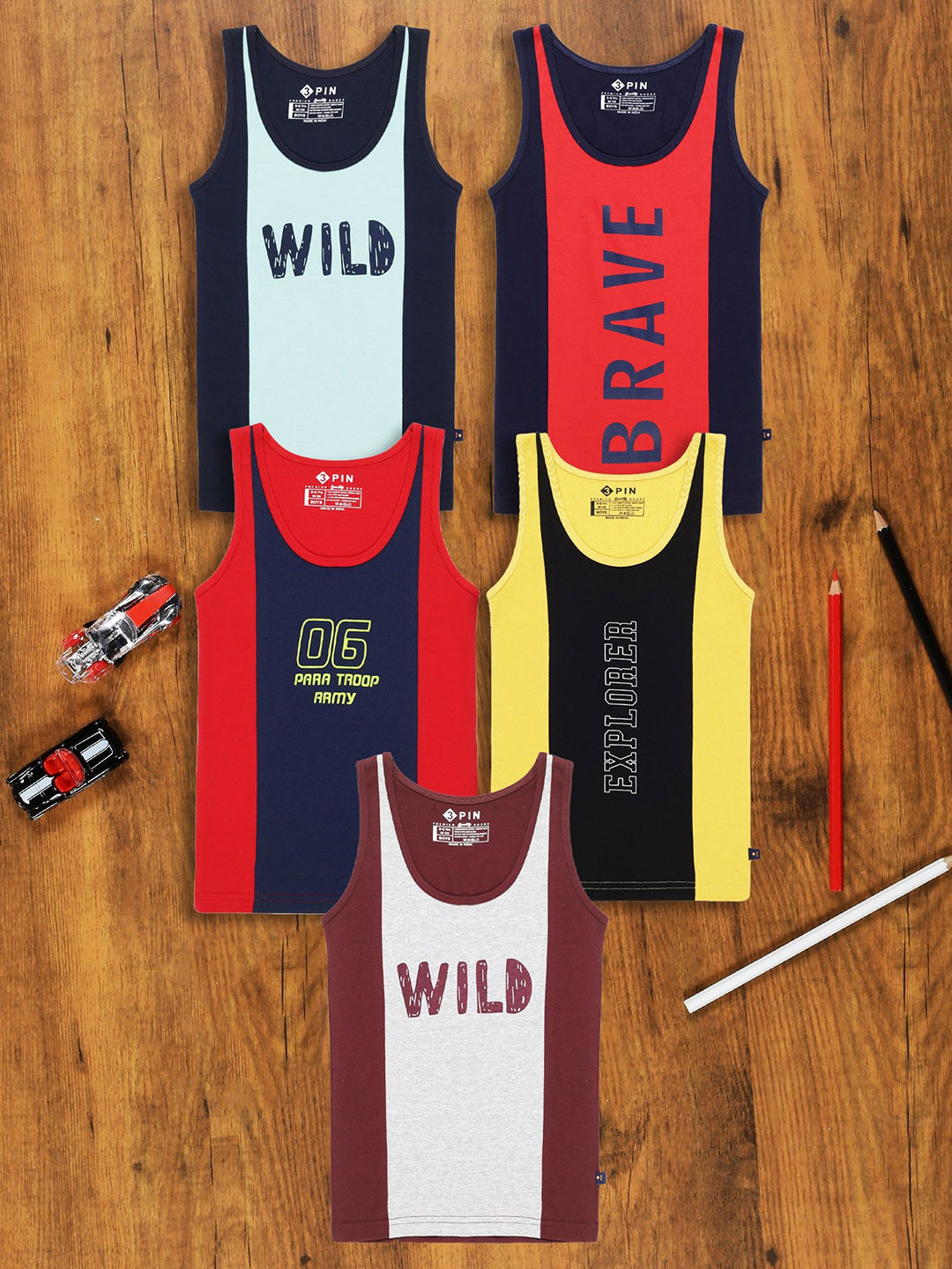 3PIN Boys Pack Of 5 Printed Pure Cotton Sleeveles Vests  SAMSON