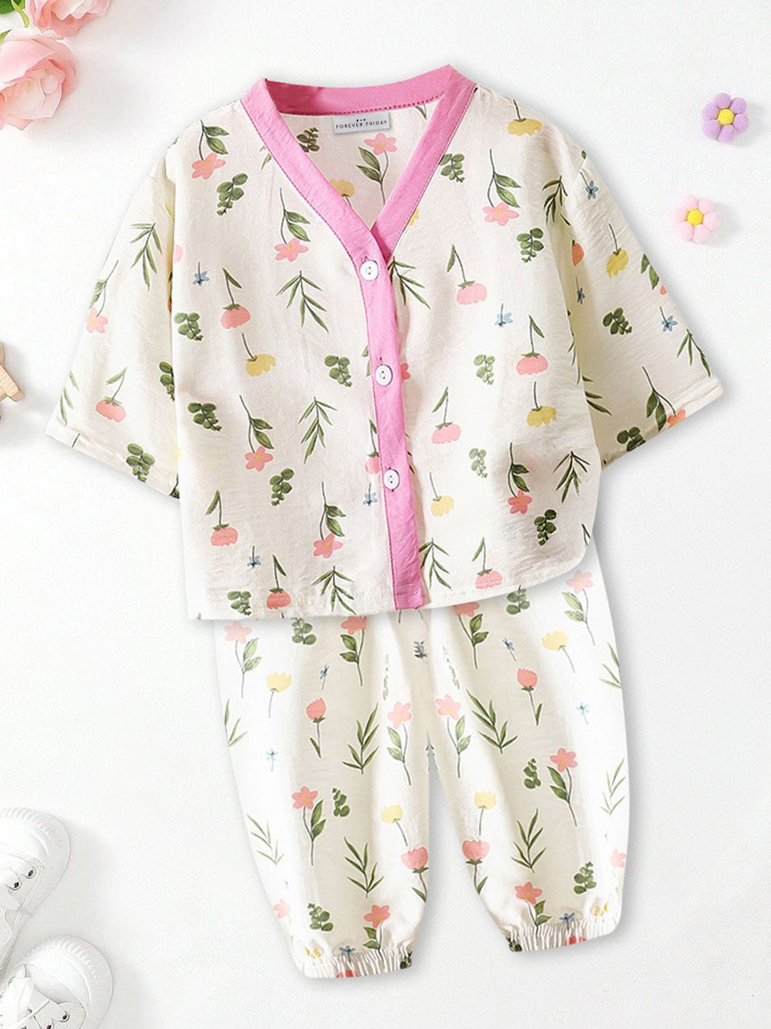 FOREVER FRIDAY Girls Floral Printed V-Neck Shirt With Pyjamas