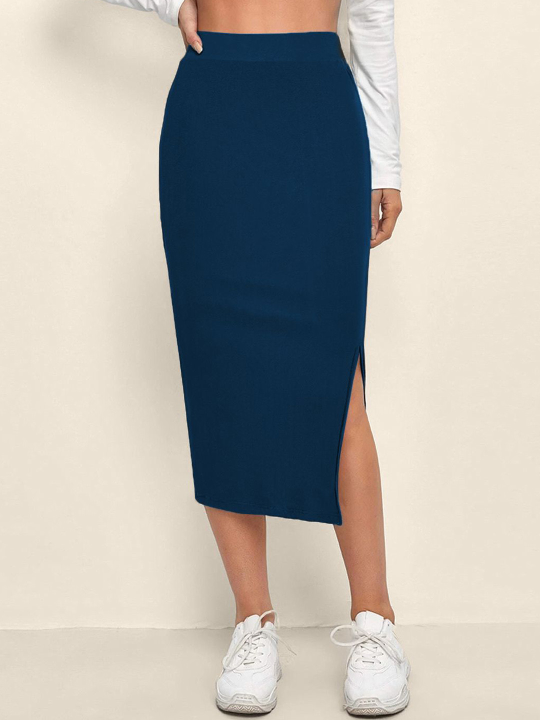 QIOA Knee Slit Pencil Midi Skirt