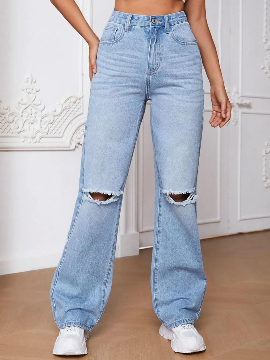 Z & G trends Women Wide Leg High-Rise Slash Knee Light Fade Cotton Jeans