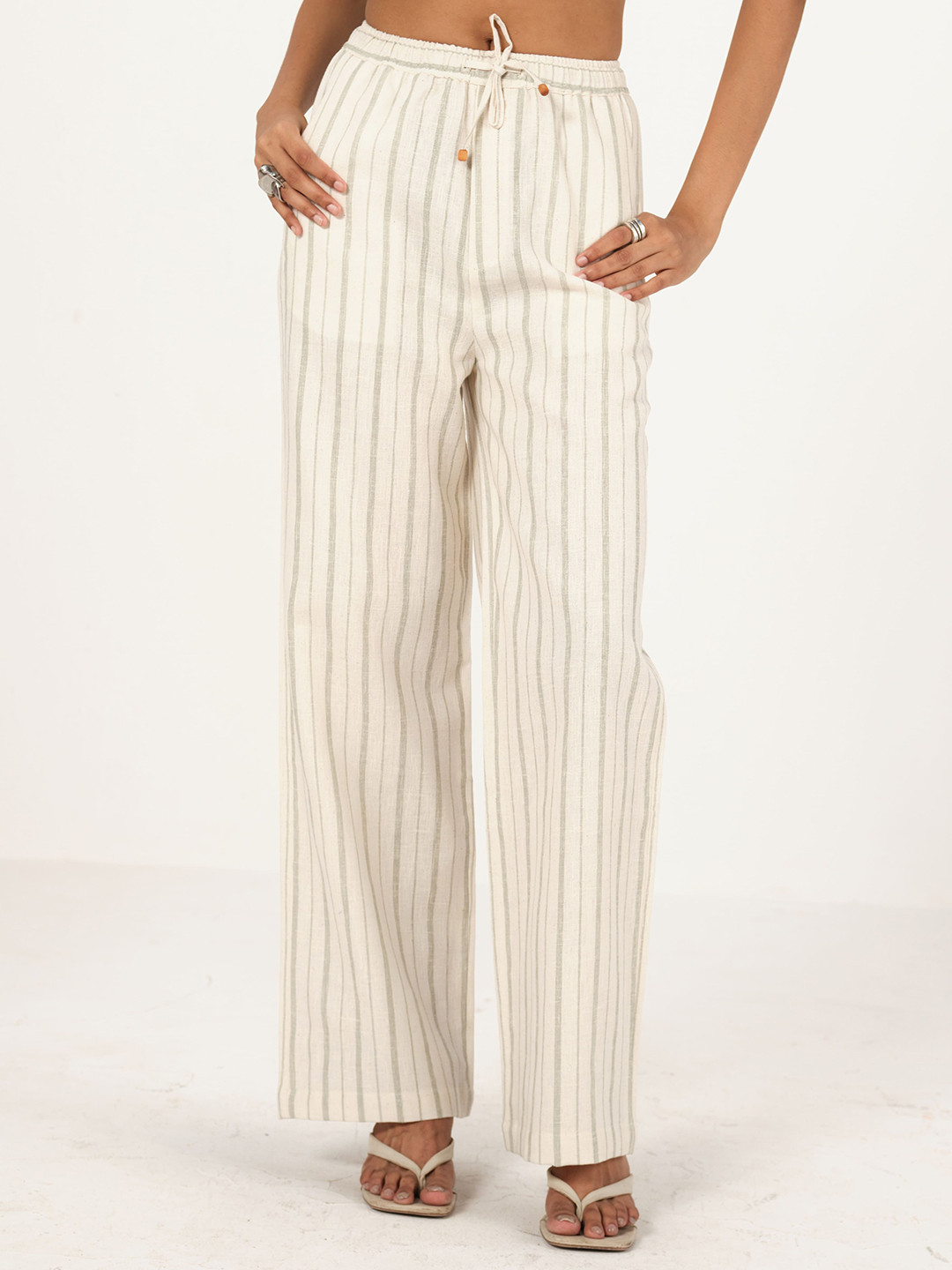 Shop Staple Women Off White & Green Linen Striped Drawstring Pants