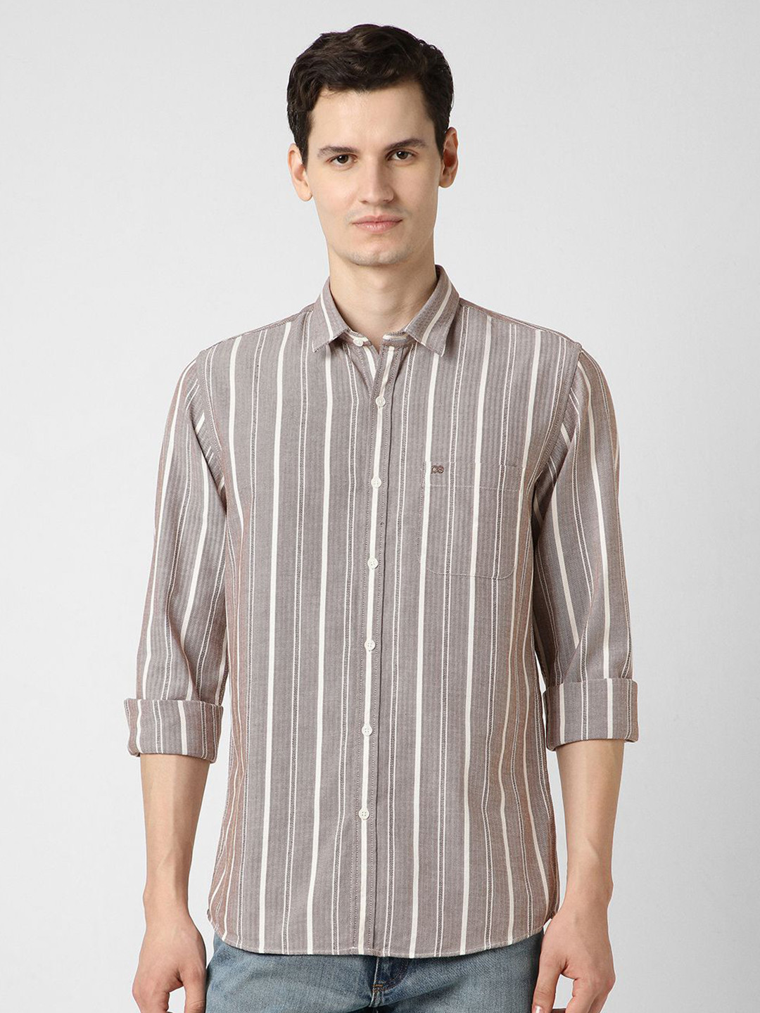 Peter England Casuals Slim Fit Striped Spread Collar Cotton Linen Shirt