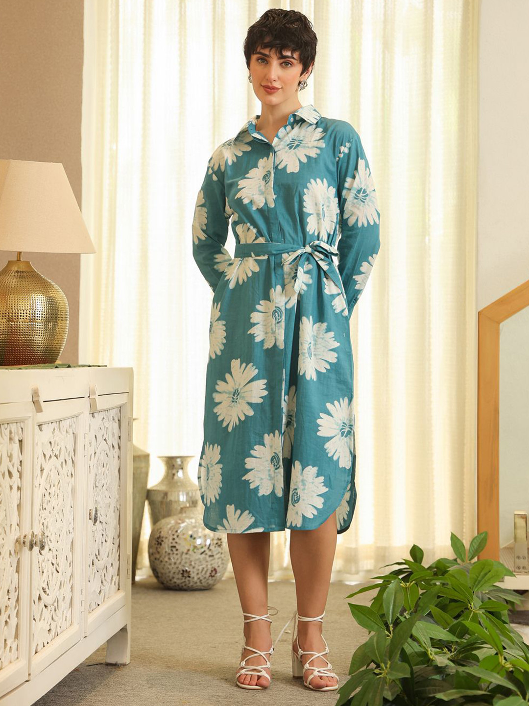 SANSKRUTIHOMES Women Blue Cotton Printed Shirt Collar Dress for Women