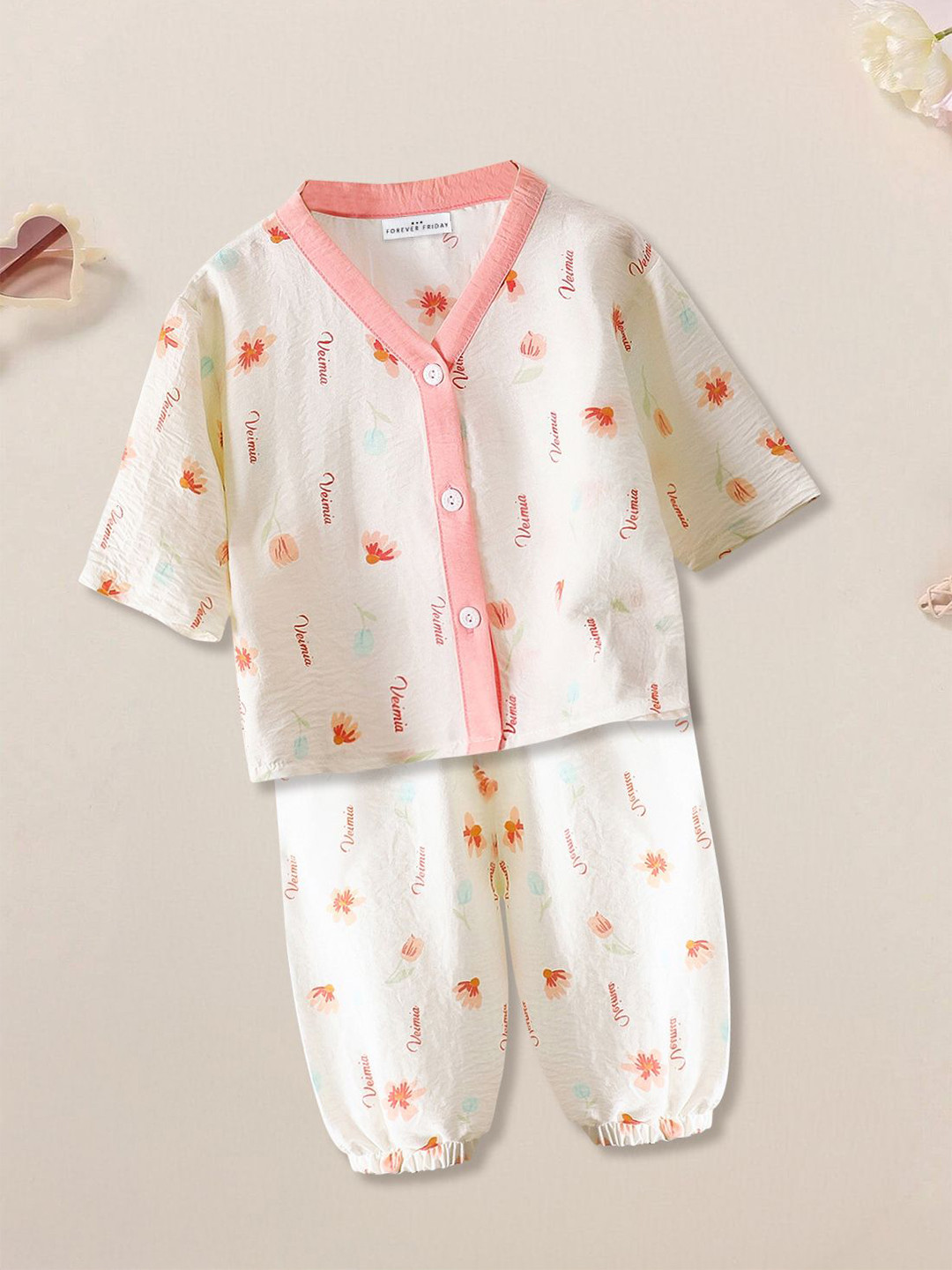 FOREVER FRIDAY Girls Floral Printed V-Neck Shirt With Pyjamas