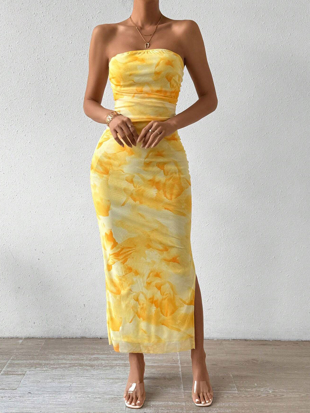 bebe Abstract Print Bodycon Strapless Maxi Dress