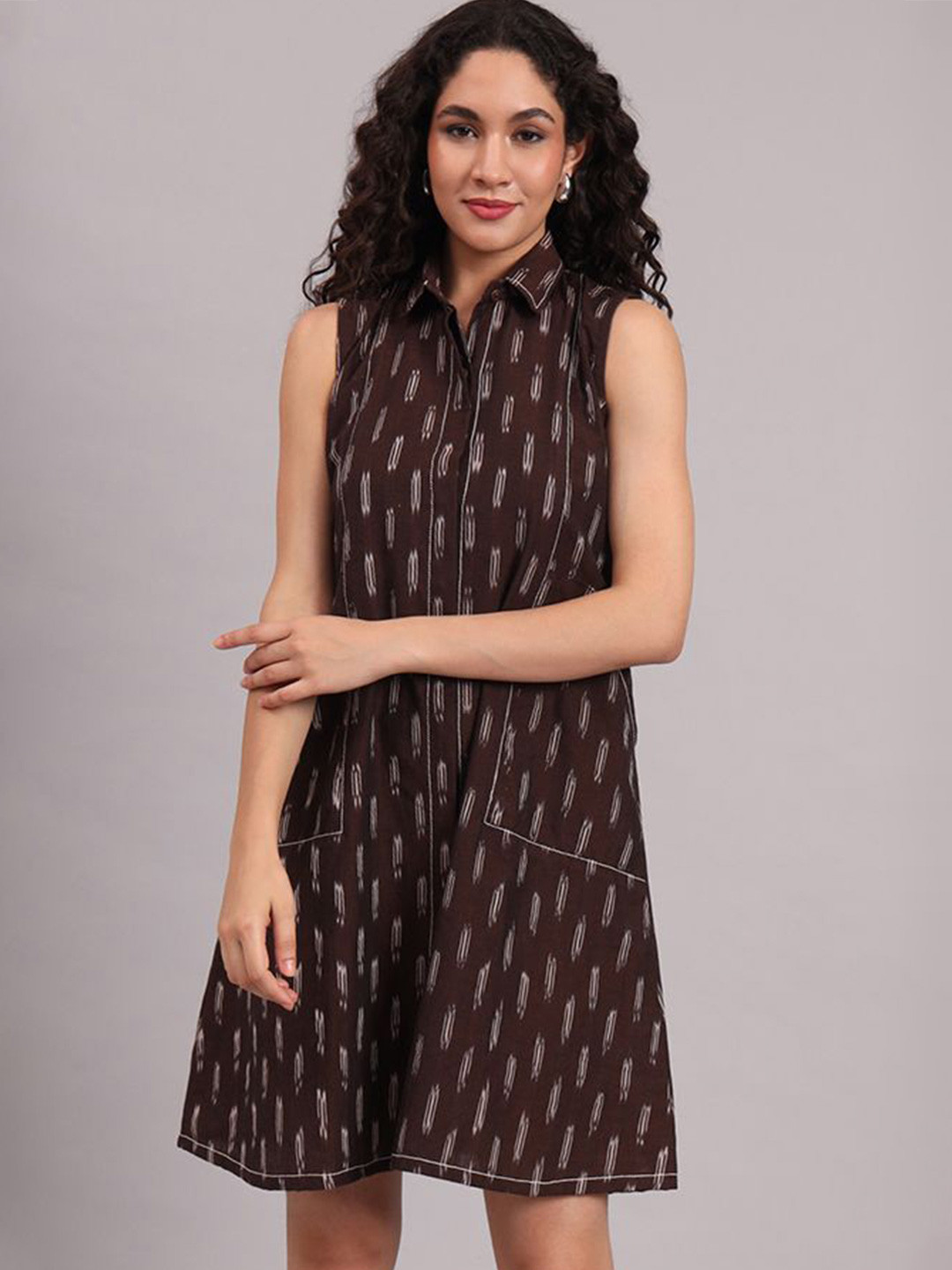 THE SAFFRON SAGA Women Abstract Printed Shirt Collar A-Line Cotton Mini Dress