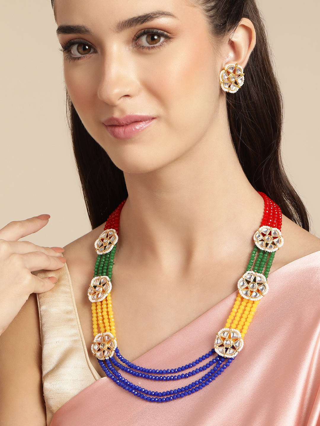 Anouk Multilcolor Layered Beads Kundan Pearl Necklace Earring Set