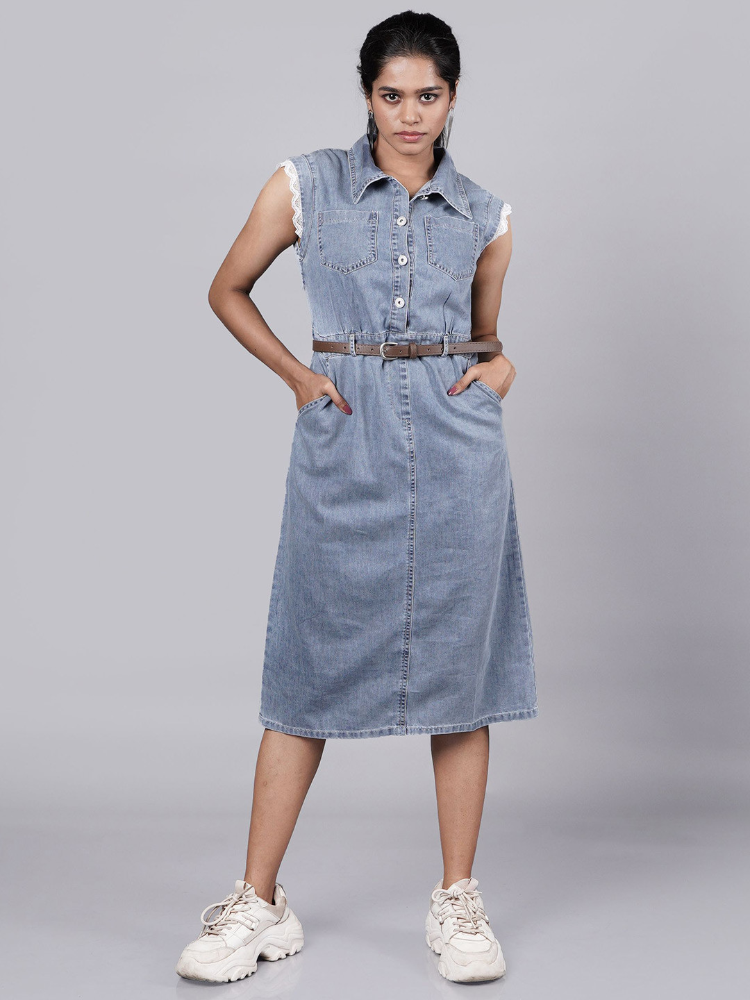 French Theory Women Shirt Collar Sleeveless Fit and Flare Midi Dress