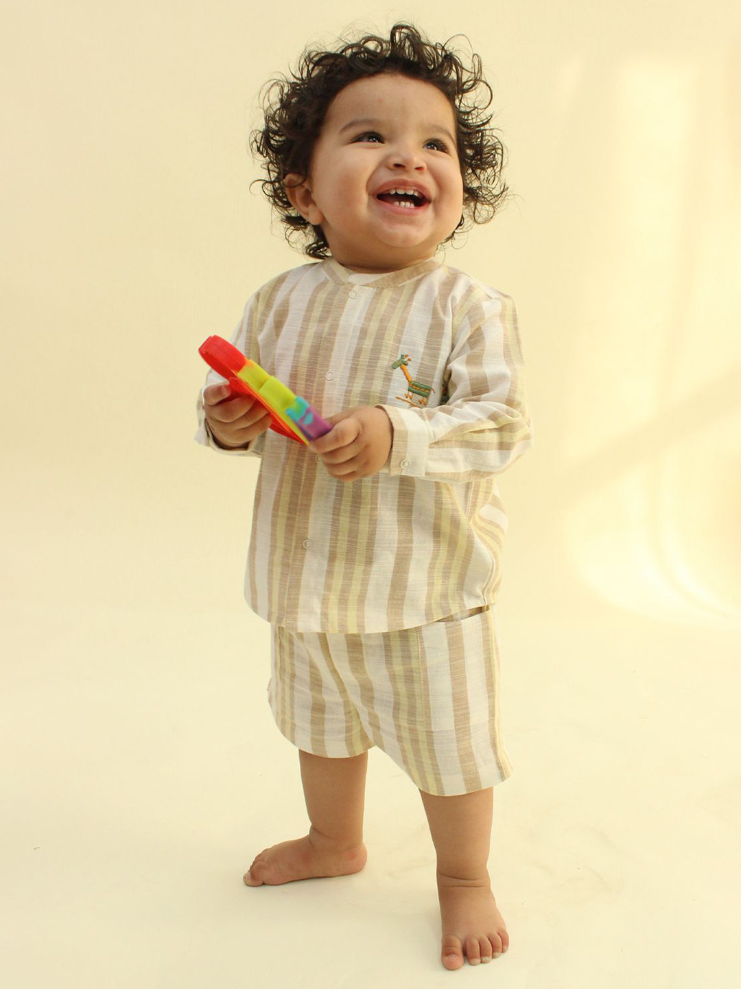 Tiber Taber Boys Giraffe Embroidery Stripes Pure Cotton Shirt With Shorts