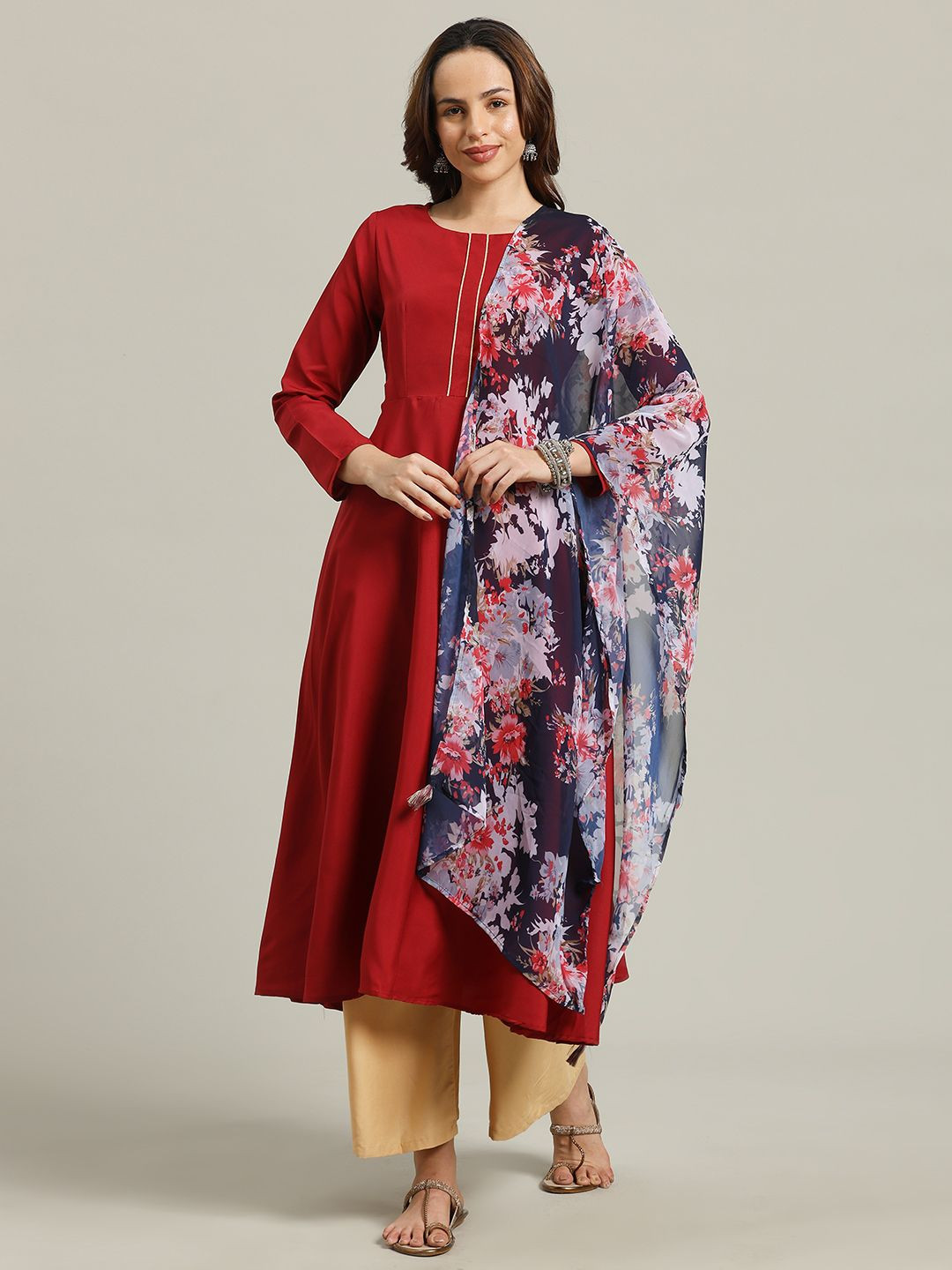 Anouk Rustic Round Neck Long Sleeves Anarkali Kurta With Georgette Dupatta