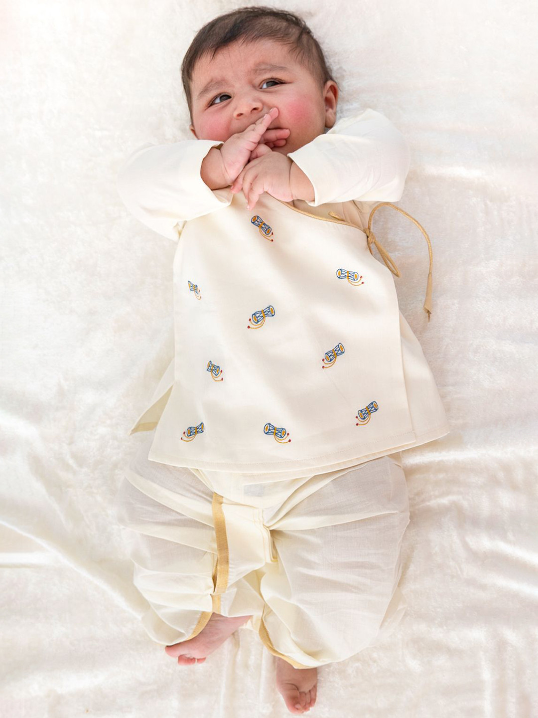 Tiber Taber Baby Boy Shiv Damru Dhoti Kurta Set-Cream