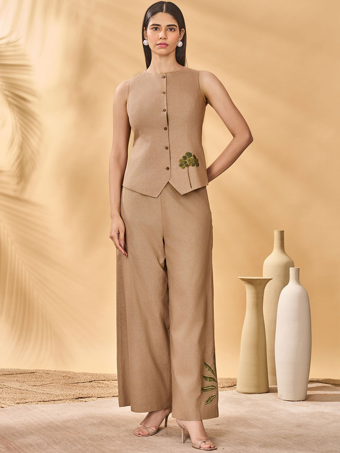 Masaba Beige Trellis Palm Waistcoat