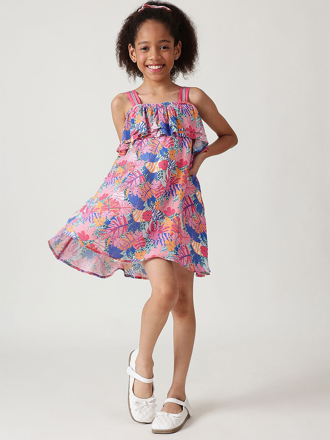 One Friday Girls Multi Color Color A-Line Sleeveless Floral Printed Dress